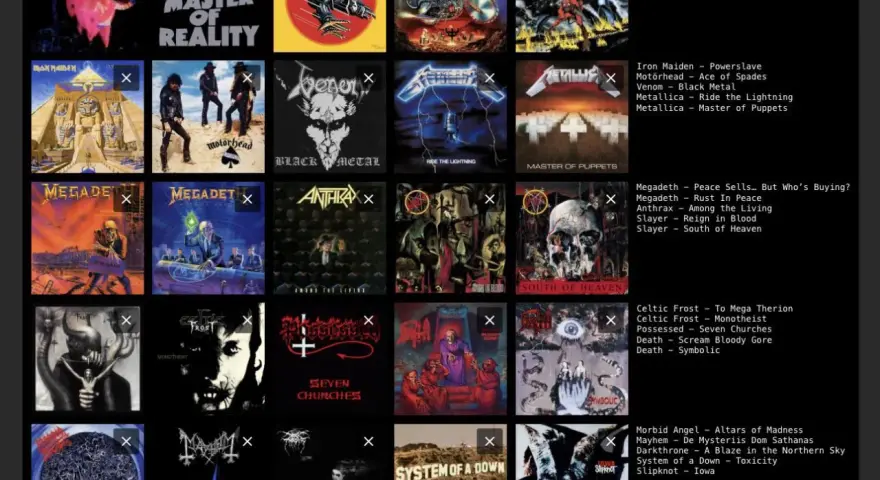 Collection des meilleurs albums de metal : Black Sabbath, Iron Maiden, Megadeth, Slayer, Metallica, et bien d'autres classiques.