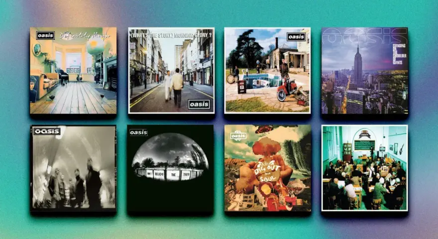 Huit pochettes d'albums emblématiques d'Oasis, dont "Definitely Maybe" et "(What's the Story) Morning Glory?", présentées sur un fond dégradé.