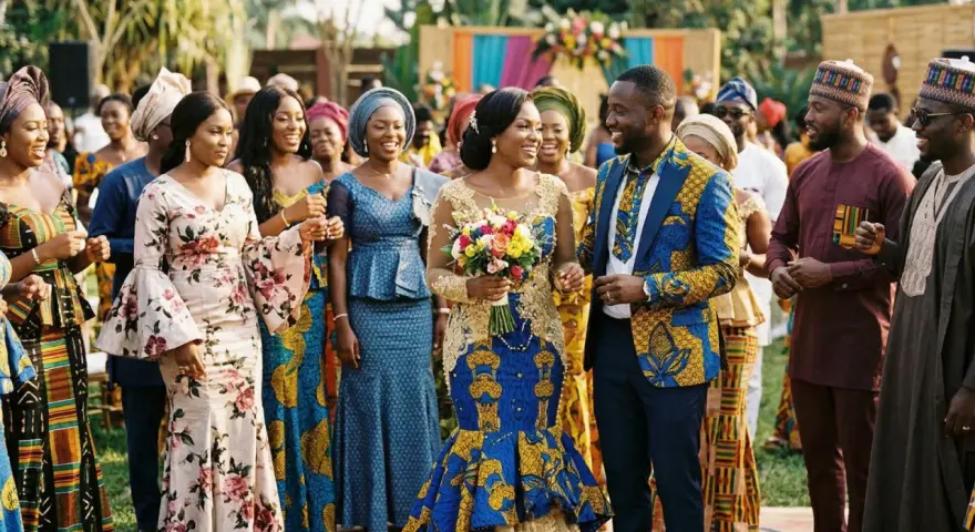 Mariage coloré avec un couple rayonnant. Les invités portent des tenues africaines vibrantes, rappelant un groupe africain connu en France.