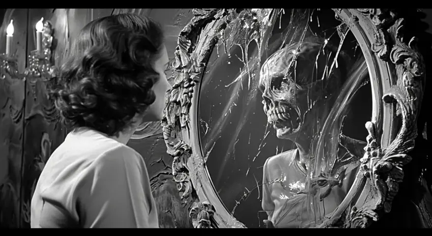 Une femme voit son reflet se transformer en un crâne décharné, une vision digne de Deathspell Omega.