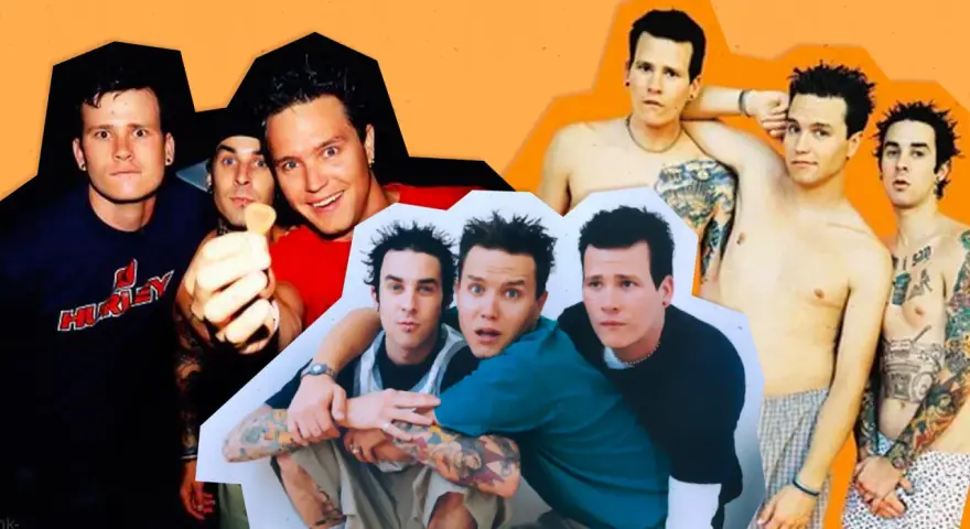Collage de membres de Blink-182 dans différentes poses et époques, certains torse nu et tatoués.