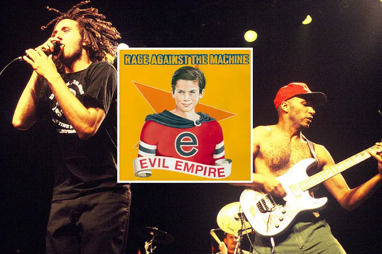 Zack de la Rocha chante, Tom Morello joue de la guitare. Au centre, la pochette de l'album 