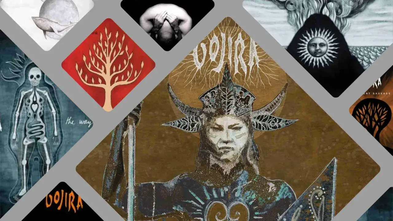 Collage d'œuvres d'art sombres et mystérieuses, dont des albums de Gojira avec une figure guerrière ornée de cornes au centre.