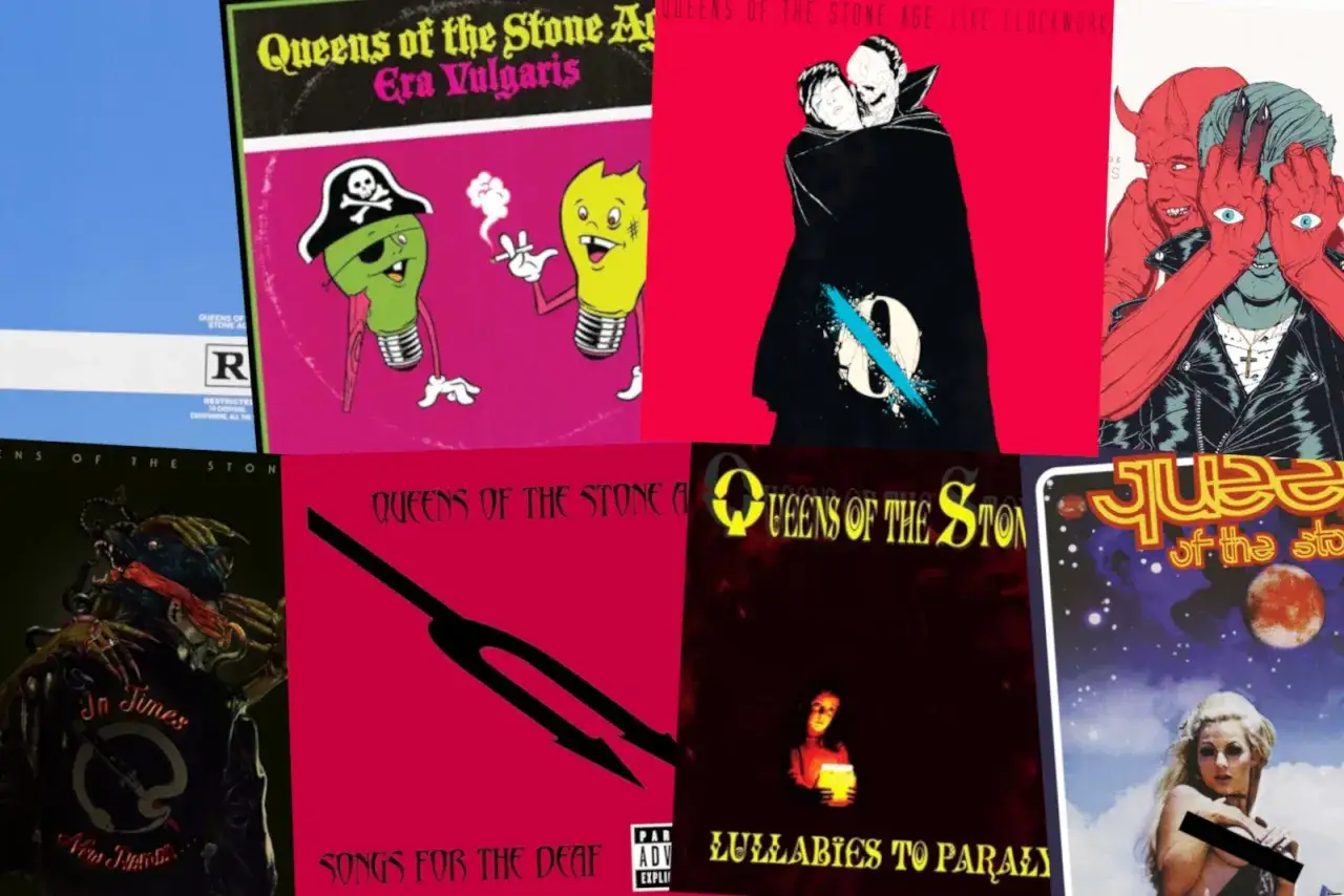 Collage d'albums de Queens of the Stone Age : Era Vulgaris, ...Like Clockwork, Songs for the Deaf, Lullabies to Paralyze, et d'autres.