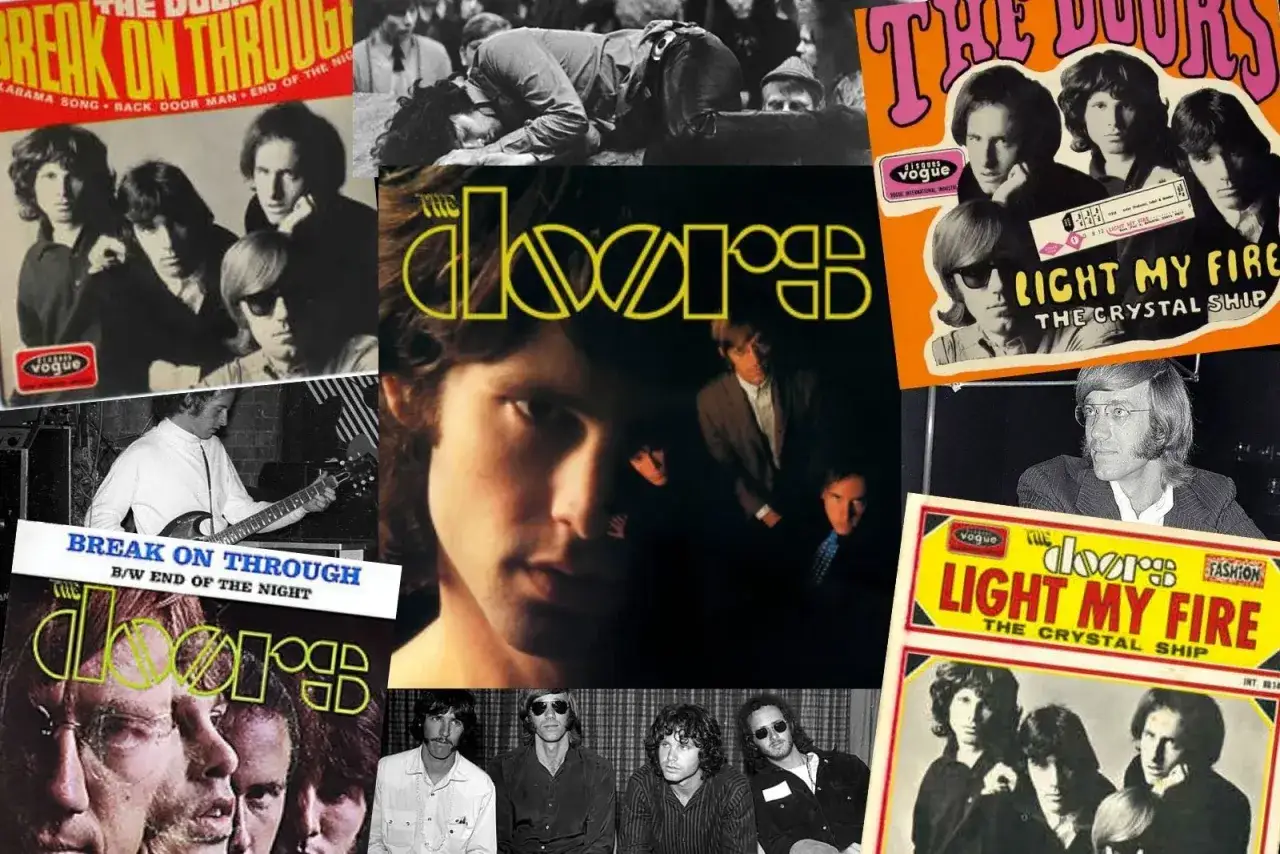 Collage d'albums et de photos des Doors, incluant 