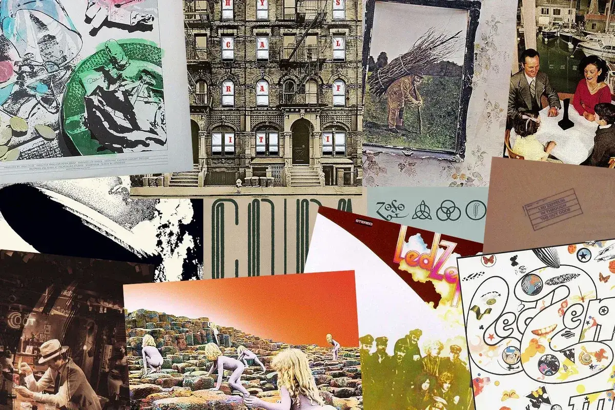 Collage d'albums de Led Zeppelin : Physical Graffiti, Houses of the Holy, Led Zeppelin IV, In Through the Out Door, et d'autres classiques.