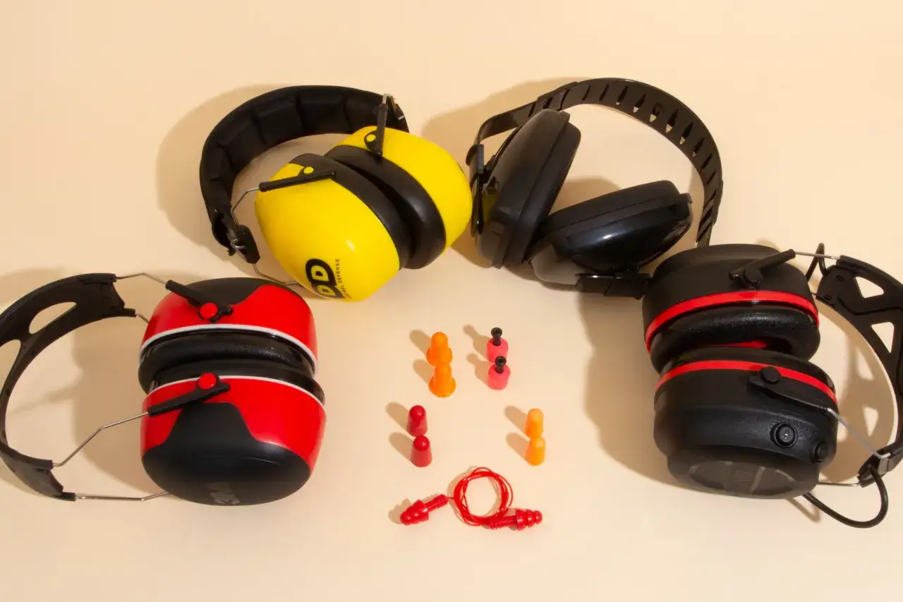 Trois paires de casques anti-bruit et des bouchons d'oreilles, prêts à repousser le seuil de douleur db.