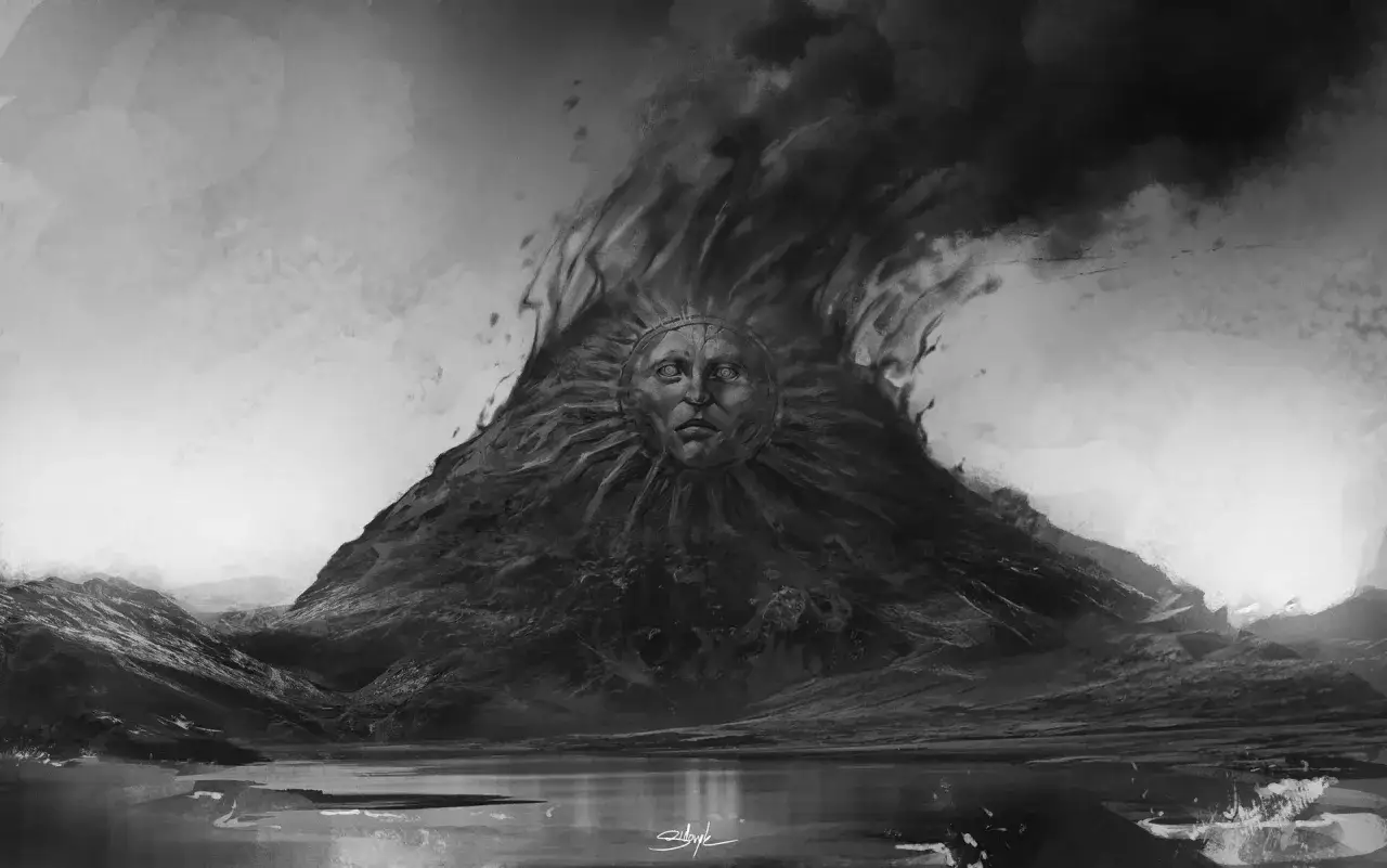 Un visage humain émerge d'un volcan en éruption, crachant du magma gojira. Paysage sombre et dramatique.