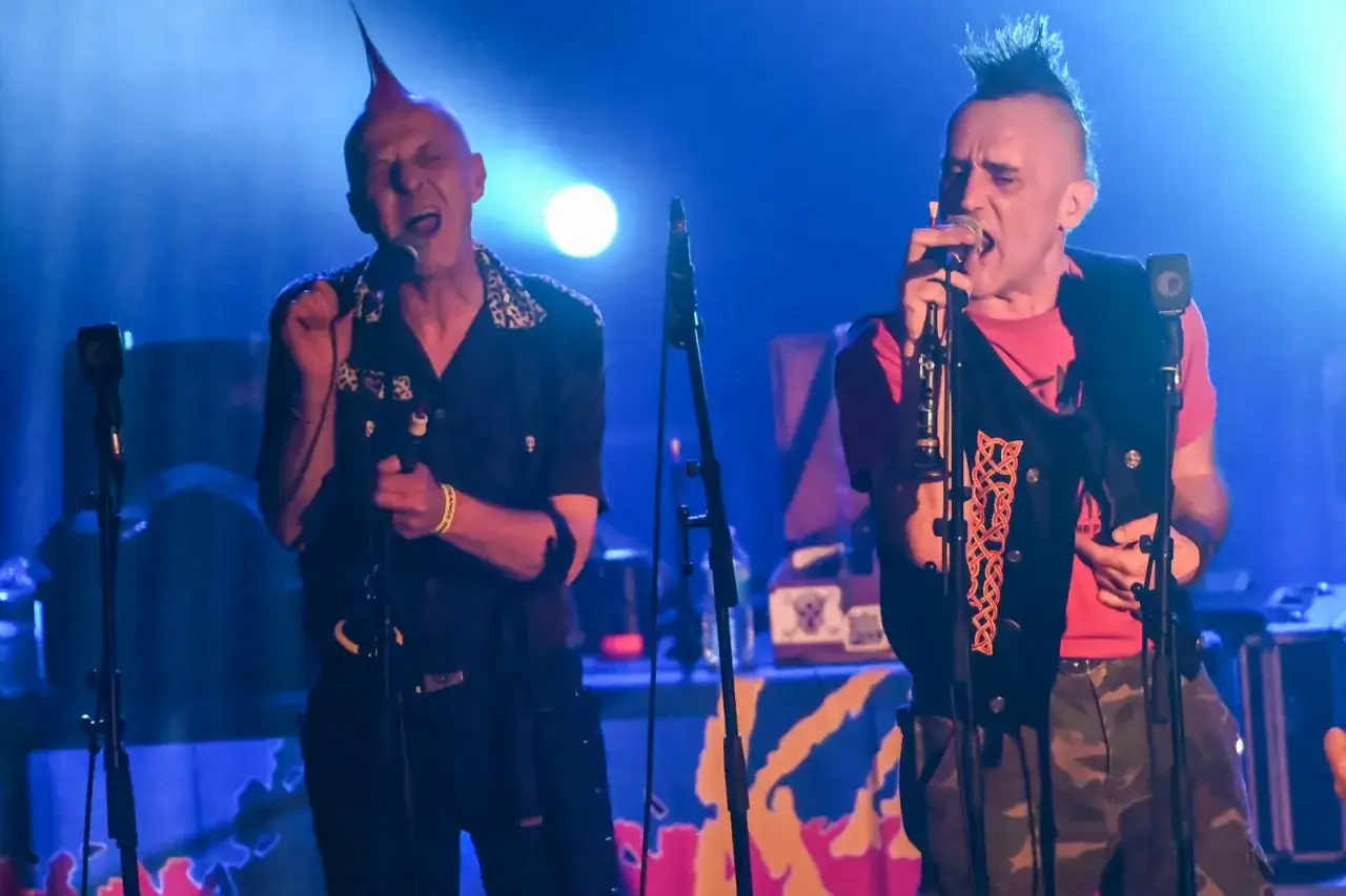 Deux chanteurs punk, les ramoneurs de menhirs, chantent sur scène avec des crêtes et des micros.