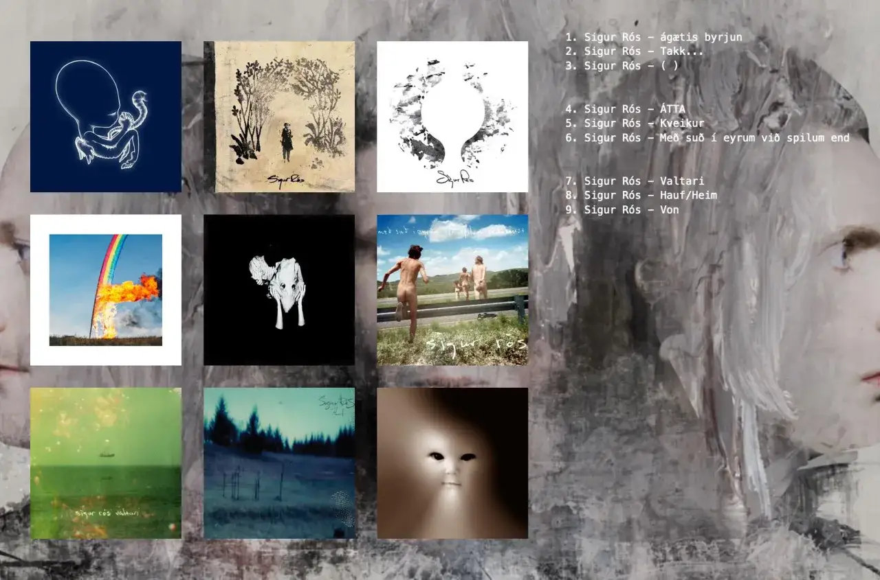 Neuf pochettes d'albums de Sigur R&oacute;s, allant de l'abstrait au figuratif, avec des titres comme 
