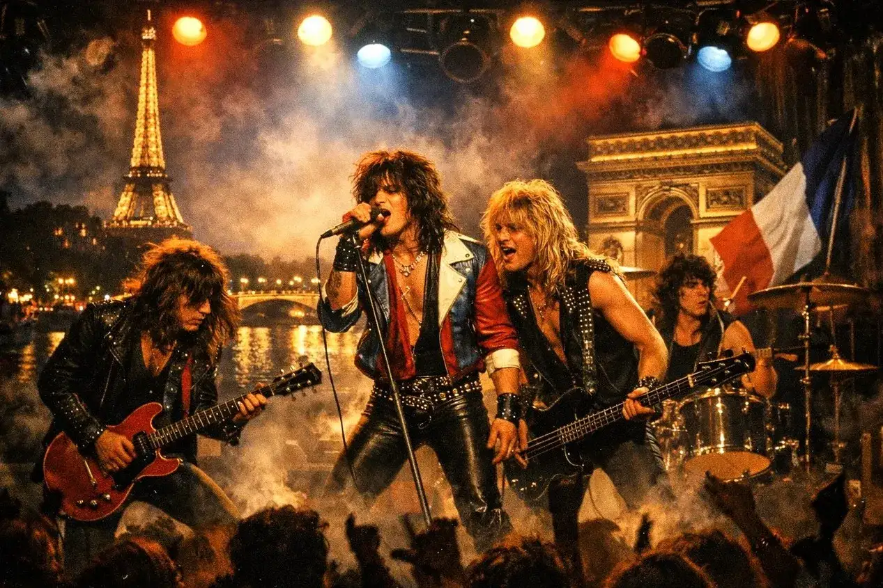 Un groupe de hard rock français enflamme Paris, avec la Tour Eiffel et l'Arc de Triomphe en toile de fond. L'énergie est palpable !