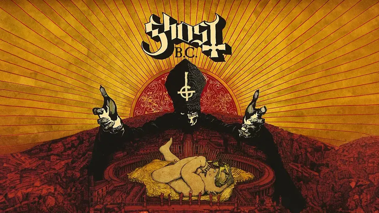 L'album Ghost B.C. présente une figure papale sombre devant un soleil rayonnant, avec un bébé au premier plan.