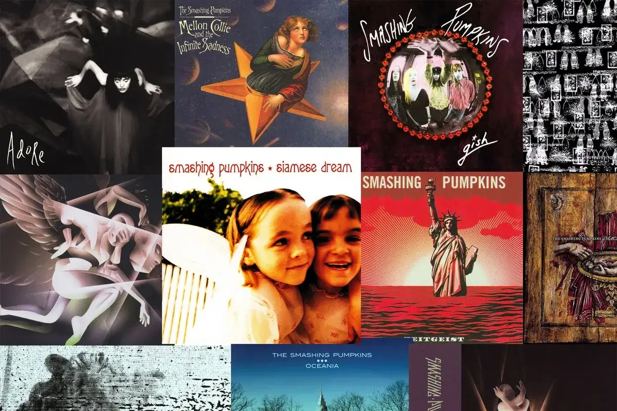 Collage d'albums emblématiques des Smashing Pumpkins : Adore, Mellon Collie, Gish, Siamese Dream, Zeitgeist, Oceania, et d'autres.