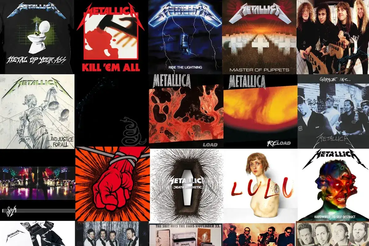 Collage d'albums de Metallica, incluant 