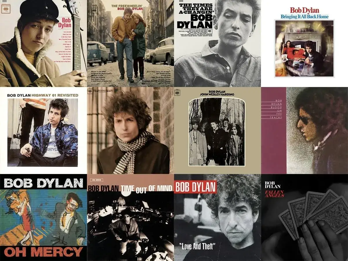 Collage d'albums de Bob Dylan, icône du folk-rock. Son style de musique unique a marqué des générations.