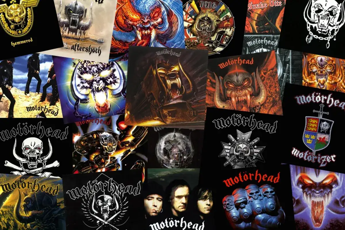 Collage d'albums de Mot&ouml;rhead, avec des illustrations de cr&acirc;nes, de d&eacute;mons et des membres du groupe.