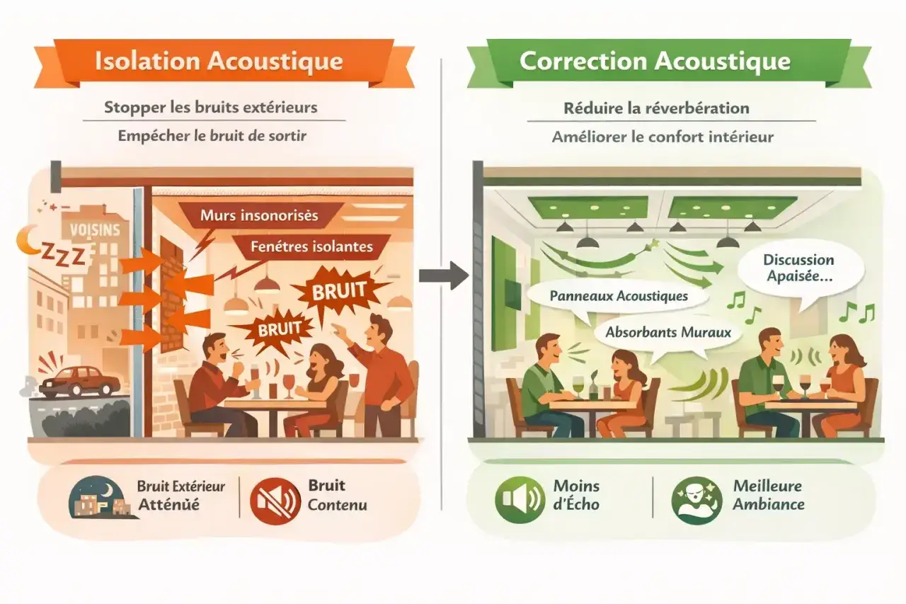 Comparaison entre isolation acoustique (bruit extérieur atténué) et correction acoustique (moins d'écho, ambiance paisible, environ 60 décibels équivalent).