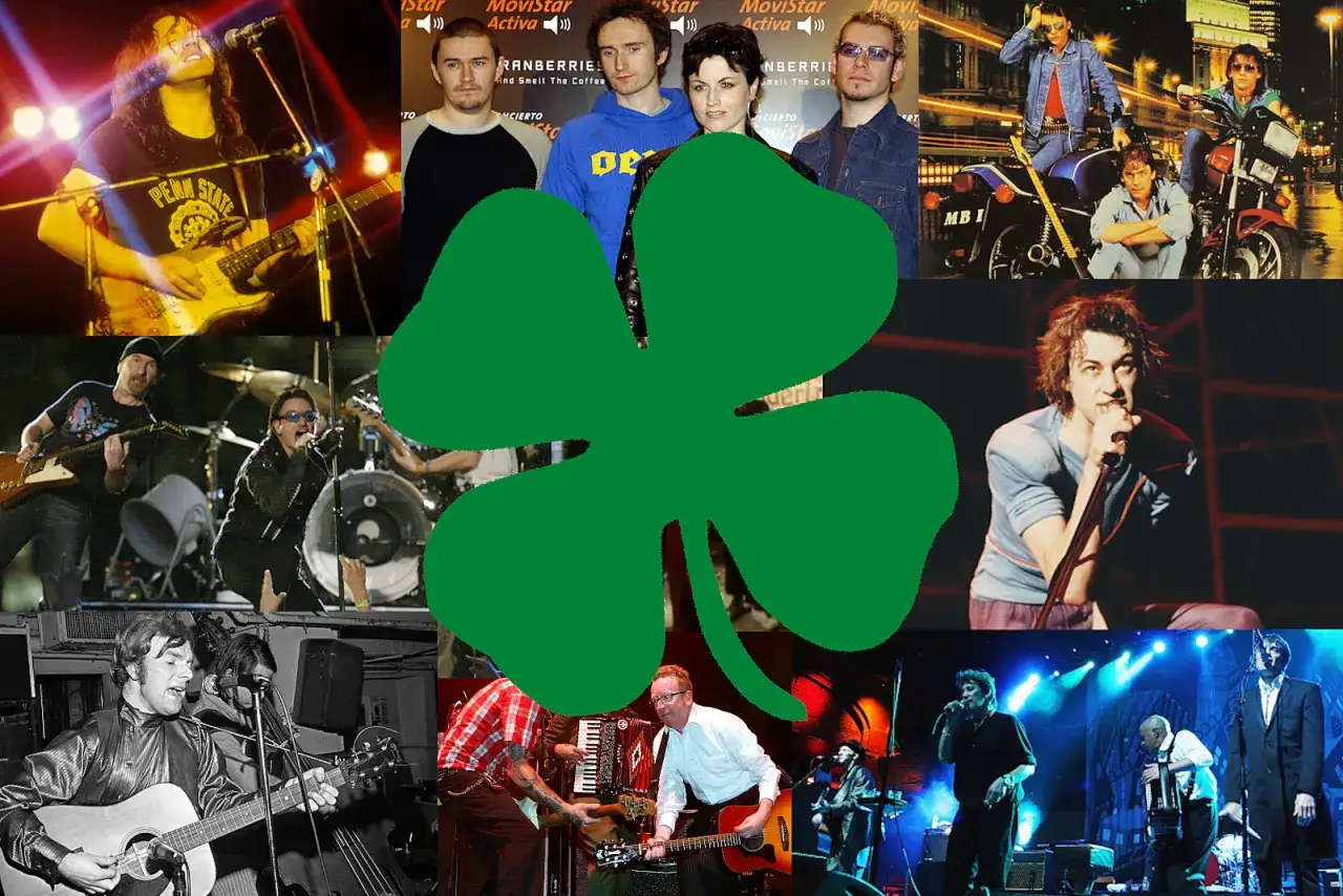 Un trèfle vert recouvre des images de groupes de rock irlandais des années 90, dont U2 et The Cranberries.