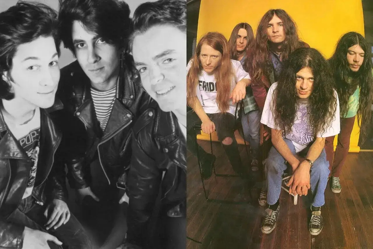 Deux groupes de musique, un groupe australien des ann&eacute;es 90 &agrave; gauche en noir et blanc, et un autre groupe &agrave; droite en couleur.