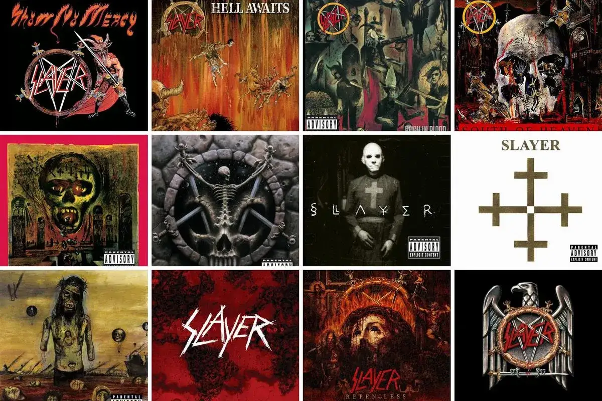 Collage d'albums de Slayer : Show No Mercy, Hell Awaits, Reign in Blood, South of Heaven, Seasons in the Abyss, Divine Intervention, Undisputed Attitude, Diabolus in Musica, God Hates Us All, Christ Illusion, World Painted Blood, Repentless.