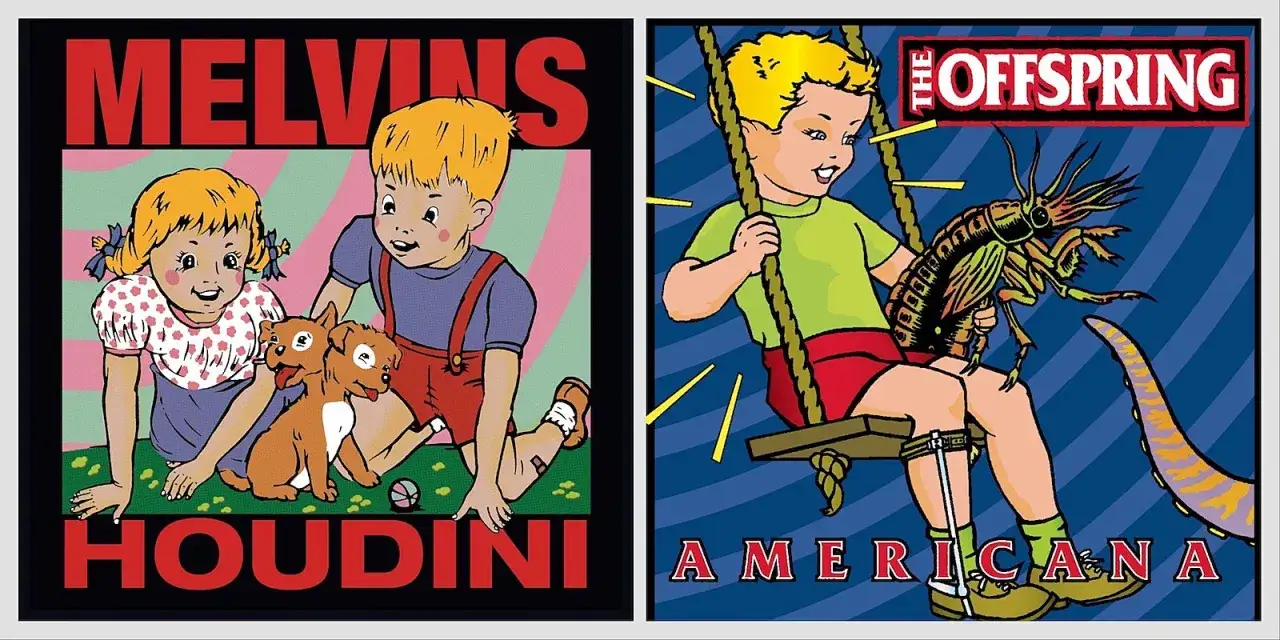 Deux pochettes d'albums : Melvins Houdini avec des enfants et des chiots, et The Offspring Americana avec un enfant tenant un insecte sur une balançoire.