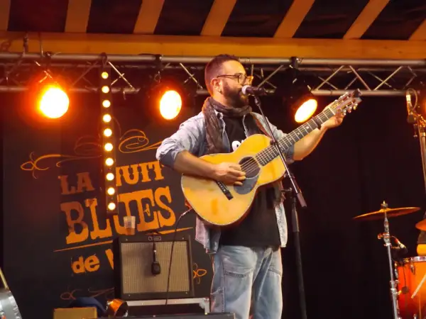 Un homme joue de la guitare sur scène, éclairé par des projecteurs. Le panneau derrière lui annonce "La Nuit du Blues", évoquant la naissance du blues.