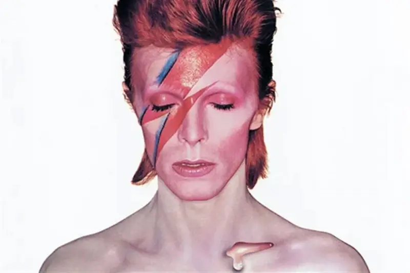Visage emblématique de David Bowie, maquillage éclair, rappelant la pochette d'un de ses albums iconiques.
