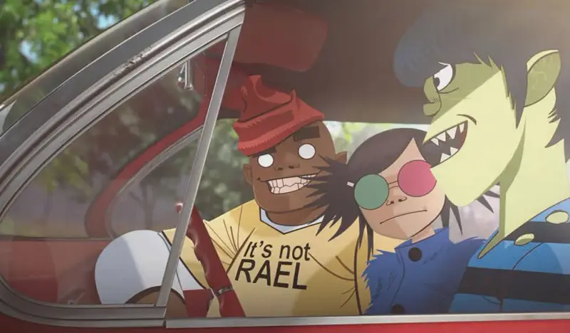 Les membres des Gorillaz dans une voiture, prêts pour une nouvelle aventure musicale. Ces personnages iconiques ont marqué plusieurs albums de Gorillaz.