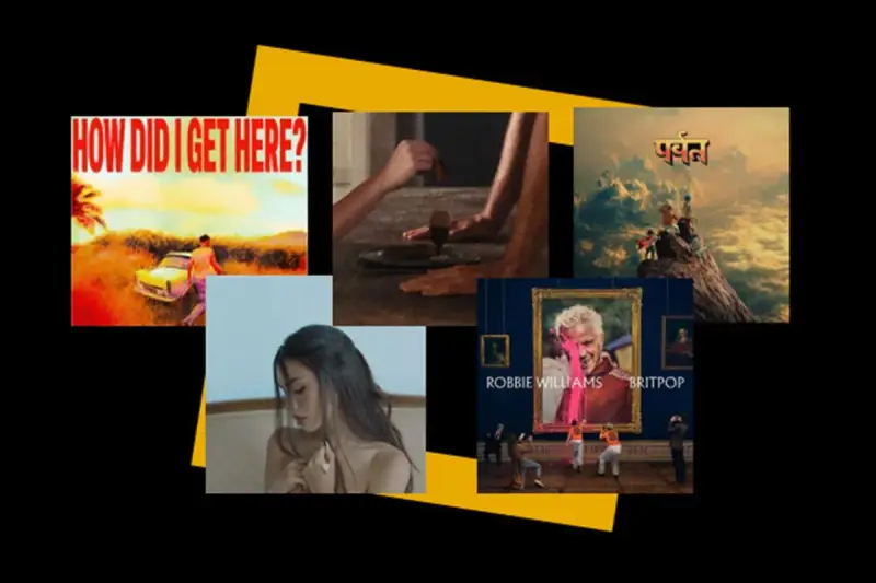 Collage d'images pour une sortie d'album : pochette "How Did I Get Here?", scène mystérieuse, album "Parvat", portrait de Robbie Williams, et une femme.