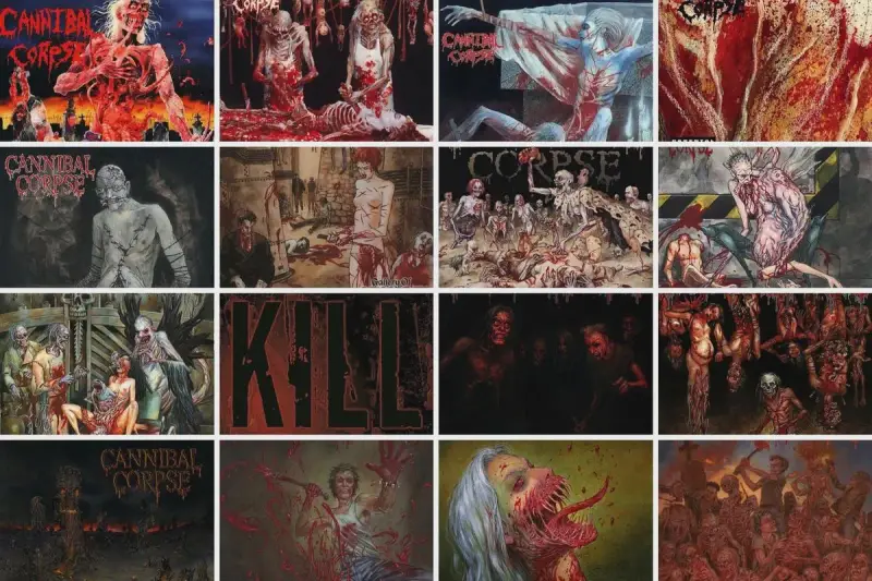 Collage d'illustrations gores de Cannibal Corpse, montrant des scènes macabres et sanglantes, des cadavres démembrés et des créatures monstrueuses.