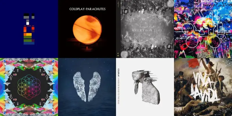 Collage des pochettes des albums de Coldplay : Parachutes, Everyday Life, Mylo Xyloto, A Rush of Blood to the Head, Ghost Stories, Music of the Spheres, Viva la Vida.