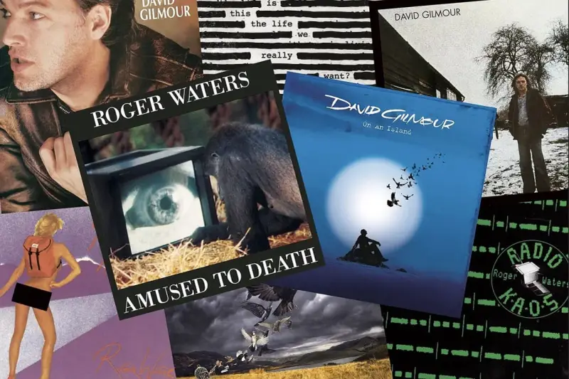Collage d'albums de David Gilmour et Roger Waters, incluant "Amused to Death" et "On An Island".