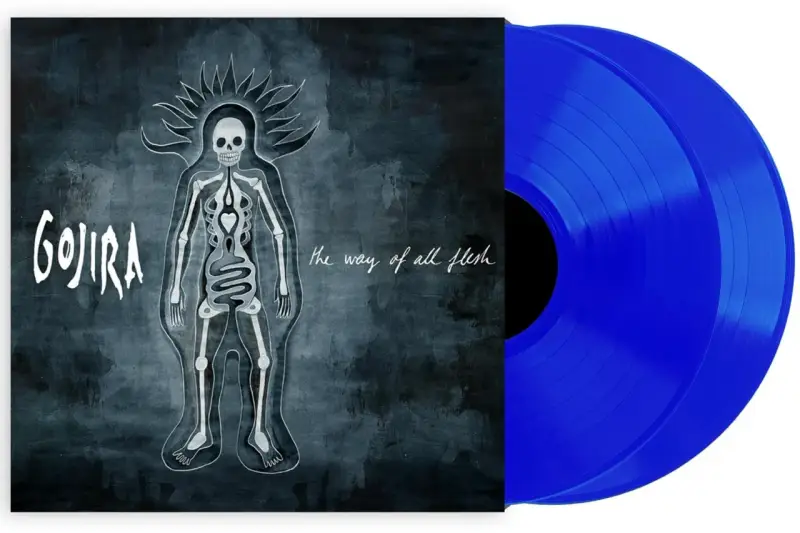 Vinyles bleus de l'album "The Way of All Flesh" de Gojira, avec une illustration d'un squelette stylisé.