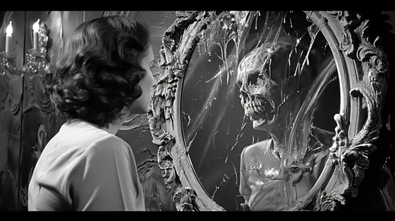Une femme voit son reflet se transformer en un crâne décharné, une vision digne de Deathspell Omega.